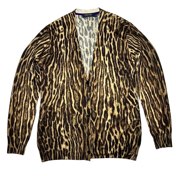Polo Golf Ralph Lauren Women’s Leopard Print Silk Cashmere Cardigan Size Large - Picture 1 of 7